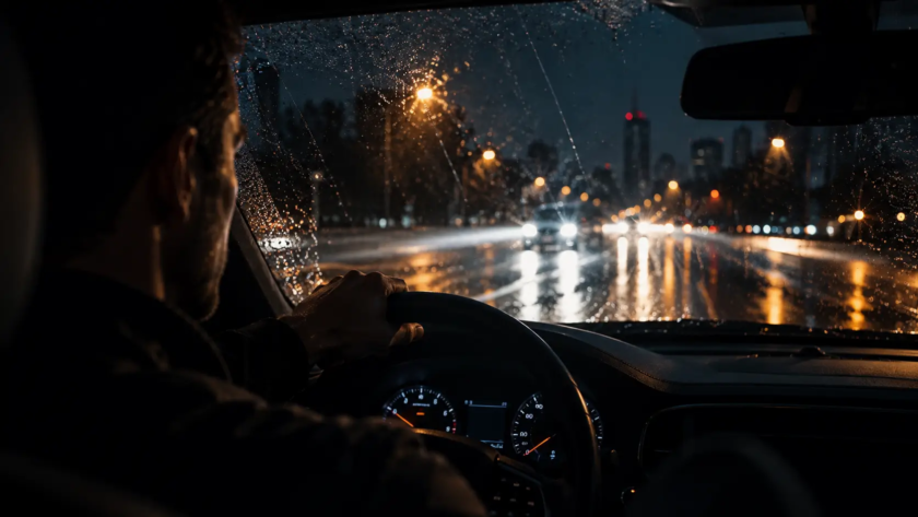 Mężczyzna prowadzący samochód nocą w deszczu, widok przez przednią szybę z odbiciami świateł ulicznych i nadjeżdżających pojazdów.
