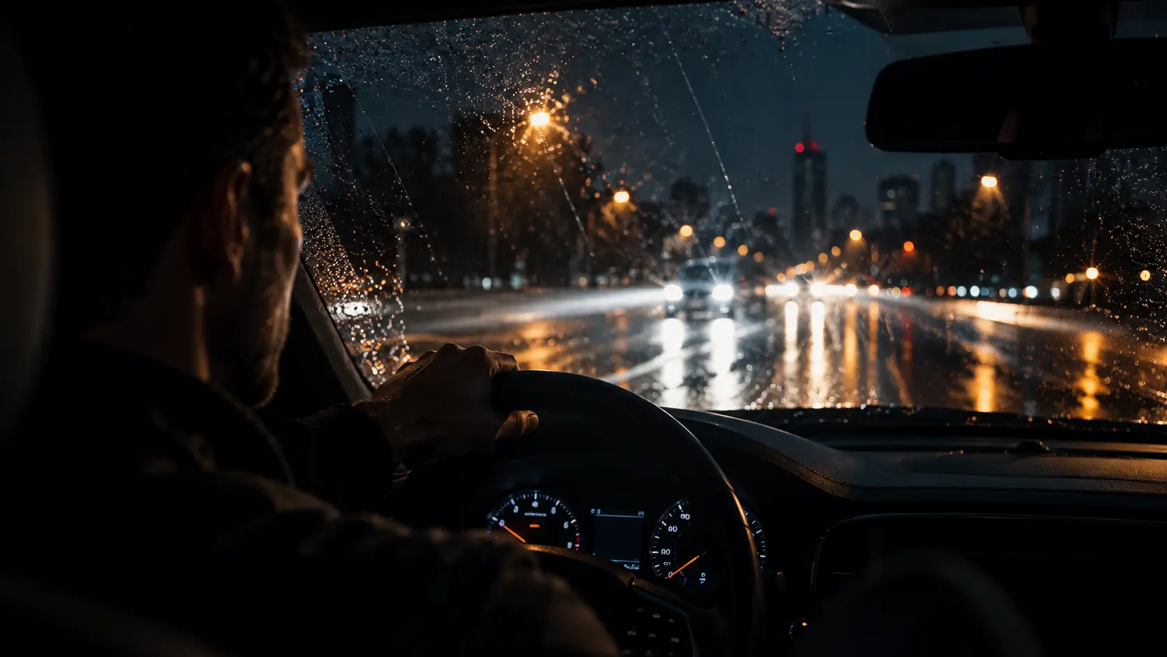 Mężczyzna prowadzący samochód nocą w deszczu, widok przez przednią szybę z odbiciami świateł ulicznych i nadjeżdżających pojazdów.