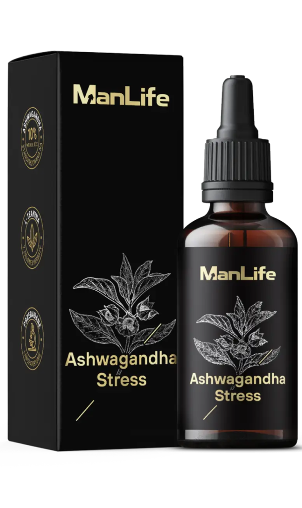 ManLife Ashwagandha Stress krople w butelce z ciemnego szkła z pipetą, opakowanie czarne, suplement diety wspierający redukcję stresu.
