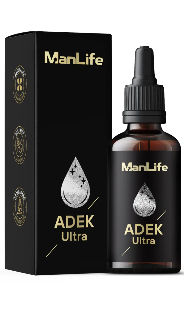 ManLife ADEK Ultra suplement diety w kroplach, opakowanie z ciemnego szkła z kroplomierzem i czarne pudełko, witaminy A, D, E, K w formie płynnej.