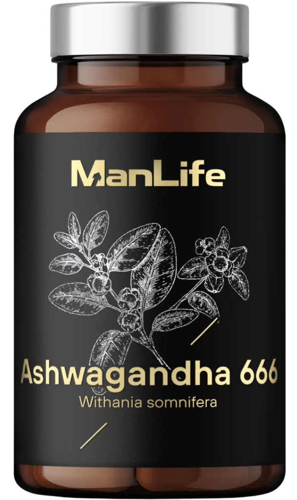 ManLife Ashwagandha 666 suplement diety w kapsułkach, ekstrakt z Withania somnifera, opakowanie brązowa butelka z czarną etykietą.