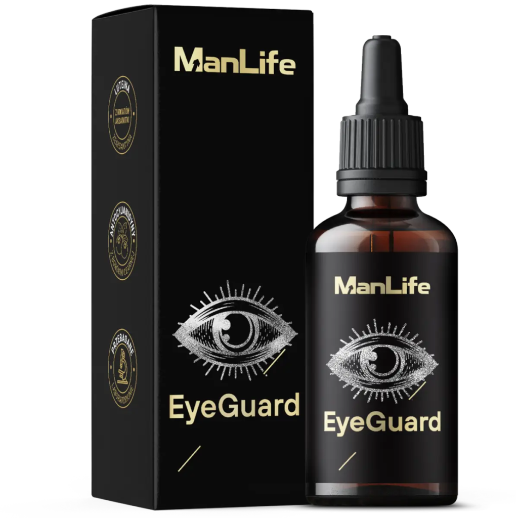 ManLife EyeGuard suplement diety w kroplach w ciemnej butelce z pipetą, opakowanie czarne z grafiką oka i złotym napisem, produkt wspierający zdrowie oczu.