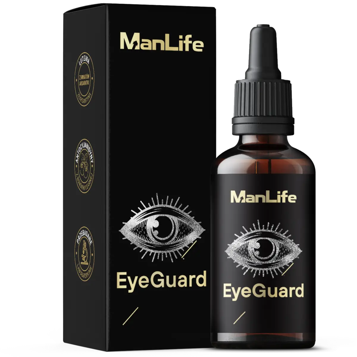 ManLife EyeGuard suplement diety w kroplach w ciemnej butelce z pipetą, opakowanie czarne z grafiką oka i złotym napisem, produkt wspierający zdrowie oczu.