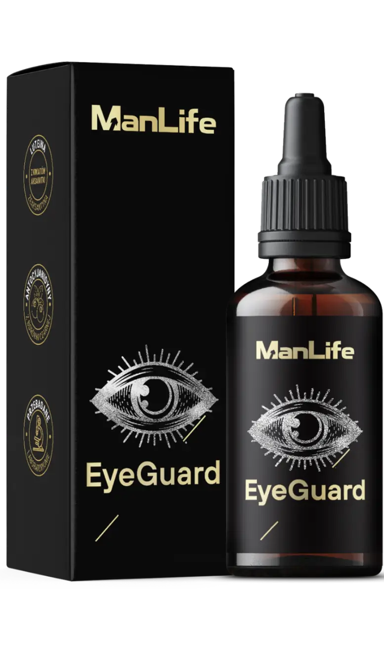 ManLife EyeGuard krople do oczu w butelce z zakraplaczem i czarnym opakowaniu, suplement diety wspierający zdrowie oczu, z antyoksydantami i luteiną.