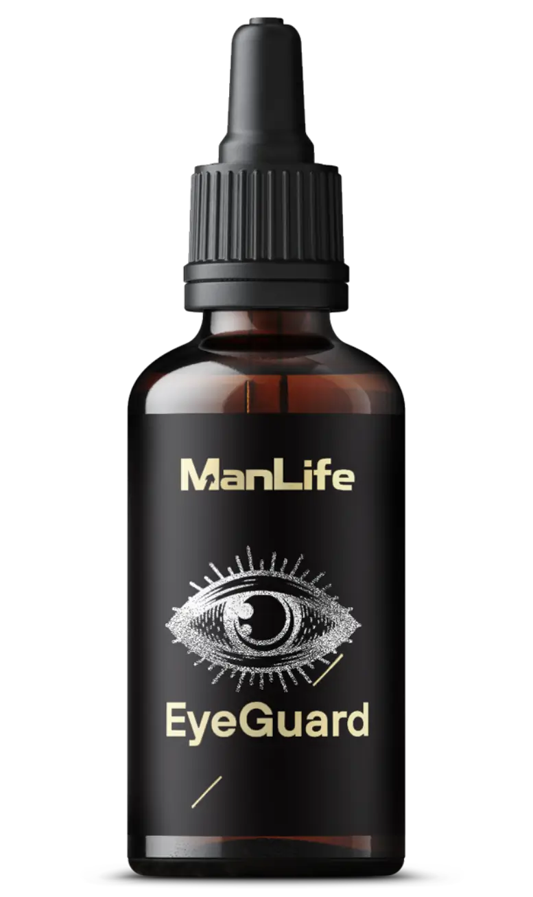 ManLife EyeGuard krople do oczu w butelce z ciemnego szkła z zakrętką z dozownikiem, suplement diety wspierający zdrowie oczu.