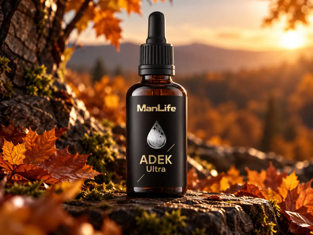 ManLife ADEK Ultra w ciemnej butelce z kroplomierzem, suplement diety z witaminami A, D, E, K, na tle jesiennego lasu o zachodzie słońca.