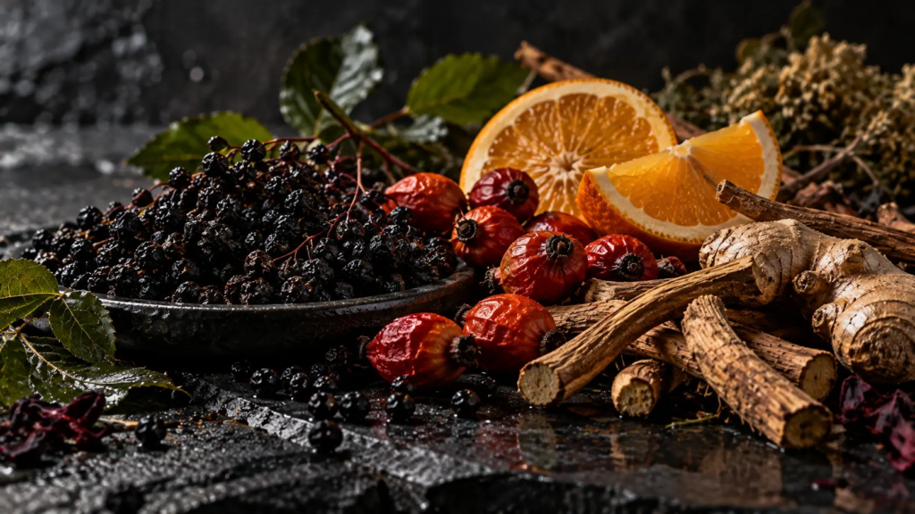 Surowce naturalne do suplementów diety MANLIFE: czarne jagody, owoce dzikiej róży, plasterki pomarańczy, korzeń imbiru i zioła na czarnym tle.