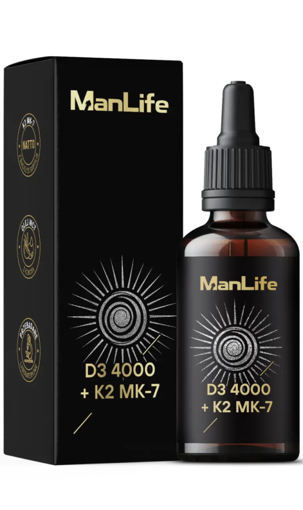 ManLife D3 4000 + K2 MK-7 suplement diety w butelce z kroplomierzem, opakowanie czarne z złotym napisem, witamina D3 i K2 MK-7 w kroplach.