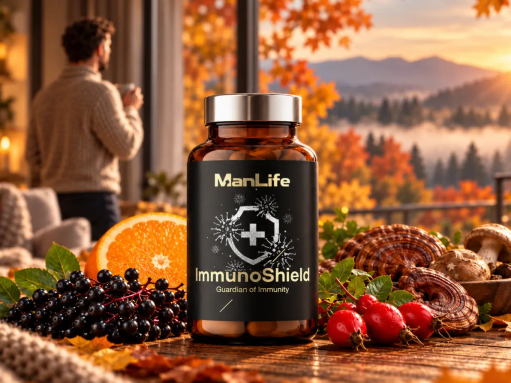 Butelka suplementu diety ManLife ImmunoShield w kapsułkach na drewnianym stole, z owocami i grzybami, w jesiennym otoczeniu i mężczyzną w tle.